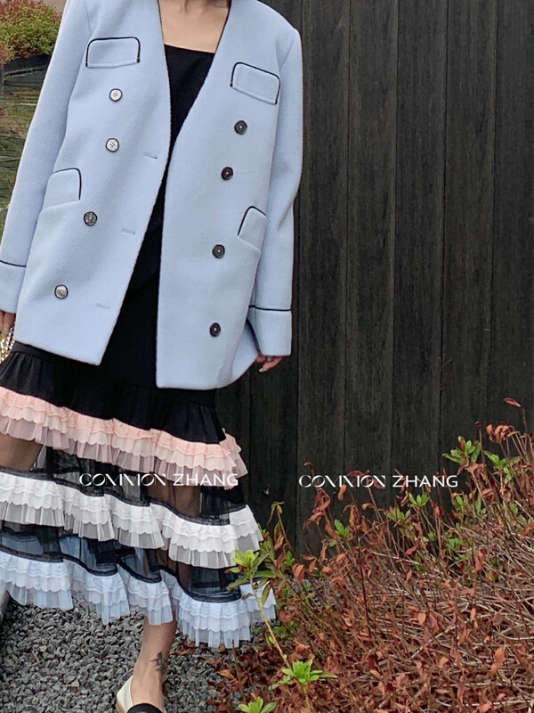 【CZ ZHANG】Big-name simple multi-pocket double-breasted mid-length woolen jacket suit 82430# JHY