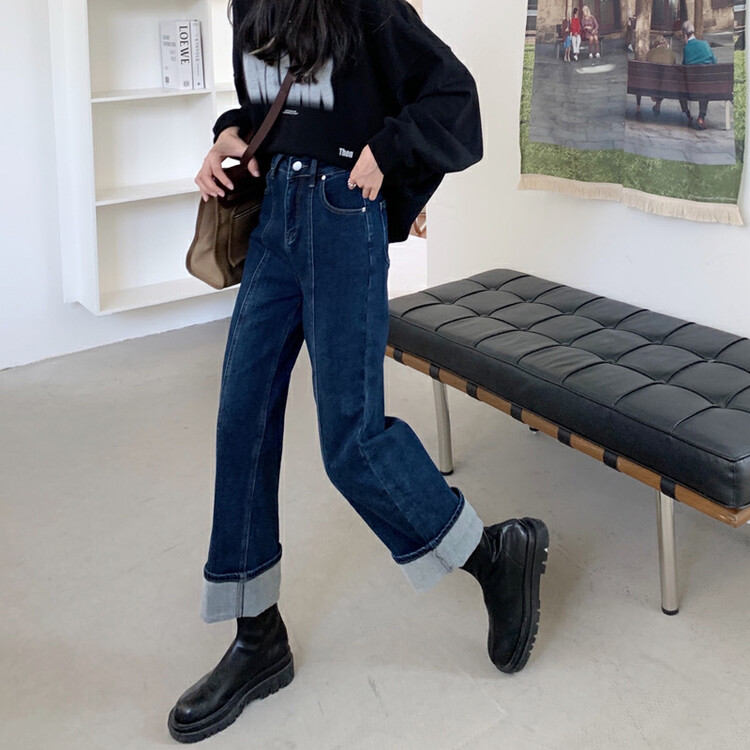 [Timely rain] Korean style ins retro design elastic high waist slim jeans 17525# WPL