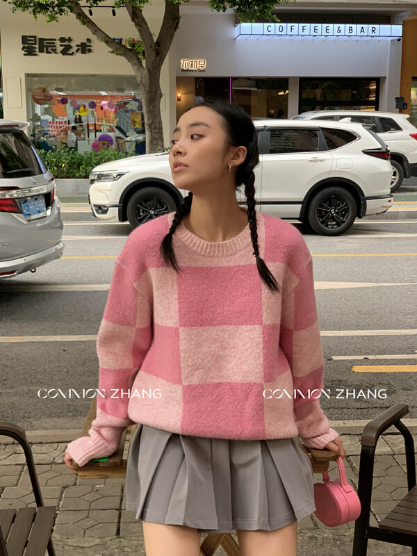 【CZ ZHANG】Sweet cool wind contrast checkerboard pullover warm sweater 92043