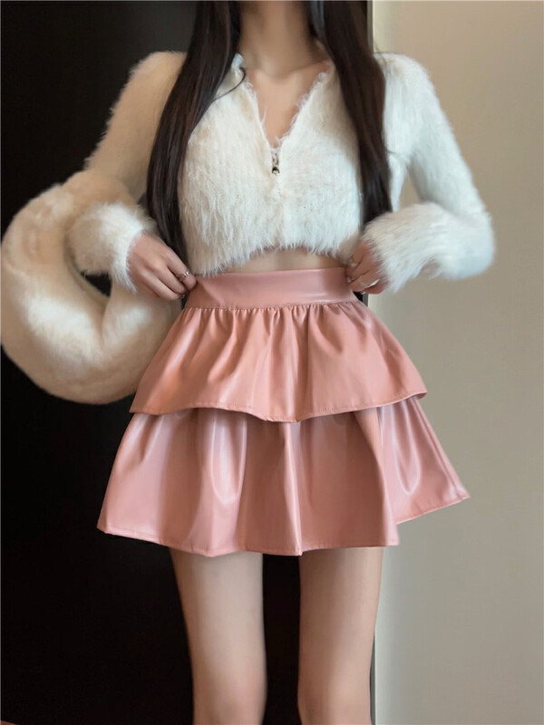 [Timely rain] Korean style ins sweet, spicy, crazy, high-waisted, thin, flounced puffy pu leather skirt 31522# WPL