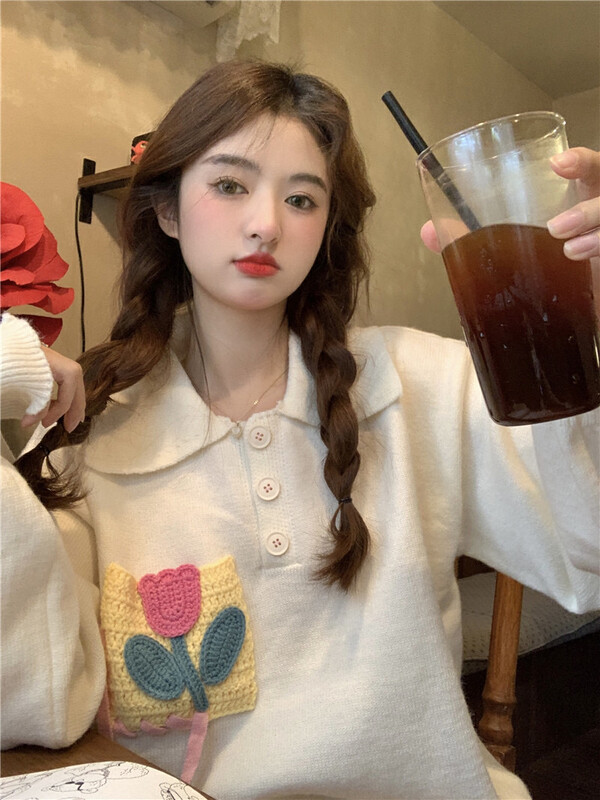 [Timely rain] Korean style ins sweet and age-reducing Polo collar warm sweater 20449# WPL