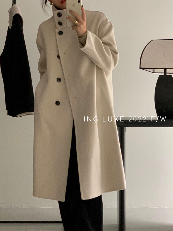 【ING】Korean style stand-up collar single-breasted double-sided cashmere coat 8233
