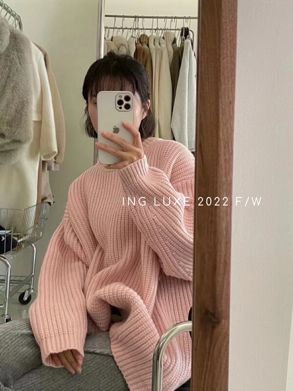【ING】Lazy wind pullover knitted Japanese mid-length loose sweater w3959