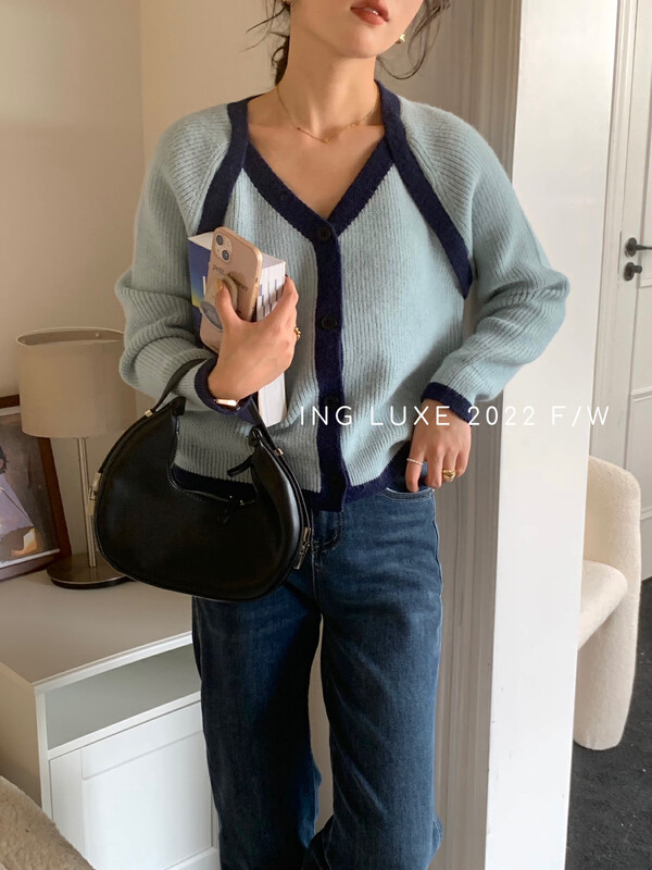 【ING】Xiaoxiang gentle style colorblock V-neck cardigan warm sweater w3829# FHX