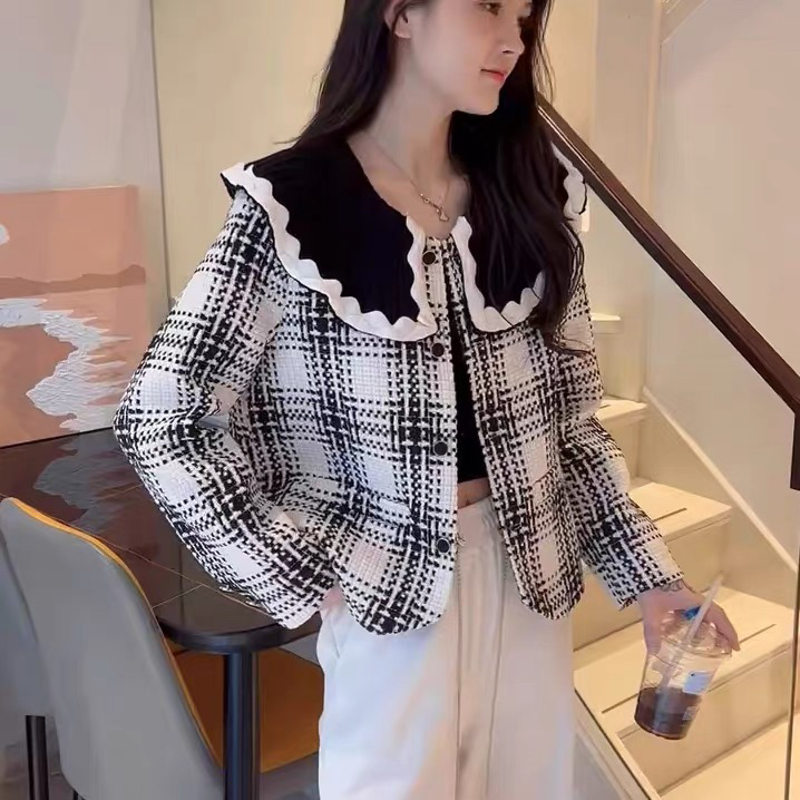 【KIKI STUDIO】 Retro Plaid Lapel Short Jacket (with Detachable Collar) 7025# HJY