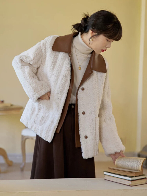 【KIKI STUDIO】Vintage Faux Fur All-in-One Short Jacket (with Removable Collar) 7054# HJY