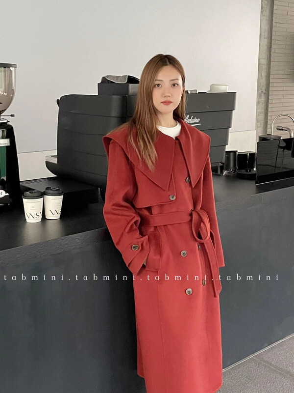 【TABMINI】Large Lapel Double Breasted Mid Length Wool Jacket (with Belt) D11142-G# WPL