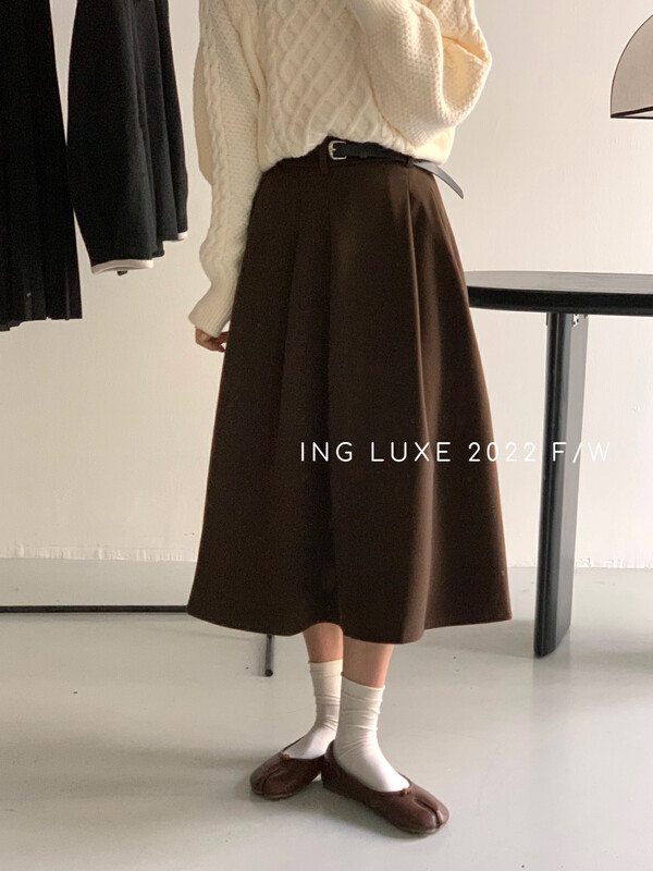 【ING】High Waist Leather Belt Solid Color Umbrella Skirt 8247