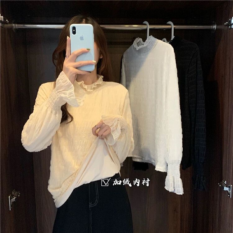 【KIKI STUDIO】Comfortable thickening and fleece stand-up collar bottoming shirt 7049# HJY