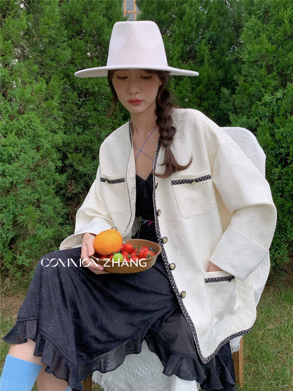 【CZ ZHANG】Xiaoxiangfeng V-neck webbing side short jacket 82120# JHY