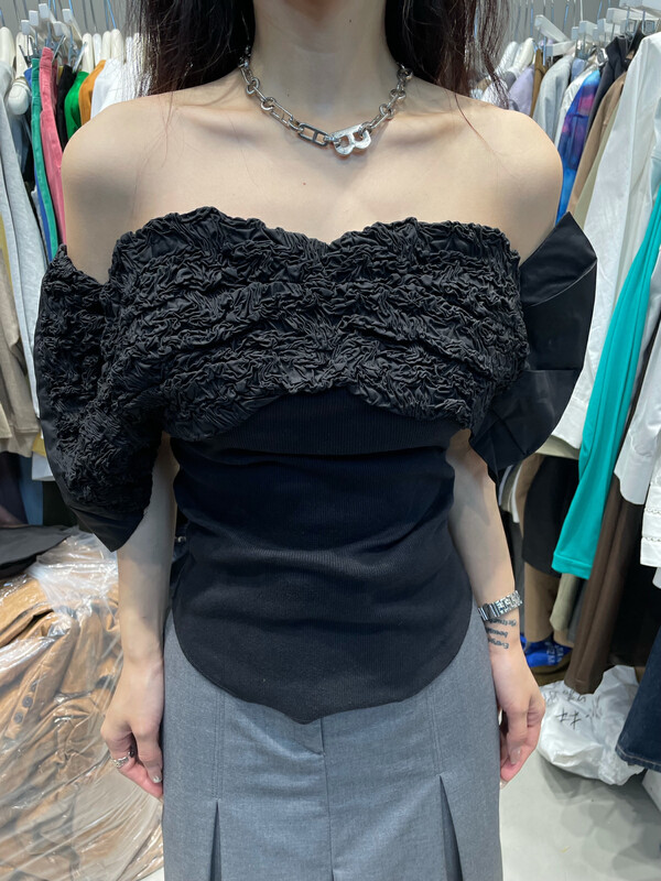 【TRUSTME】French retro stitching pleated off-shoulder shirt 40166