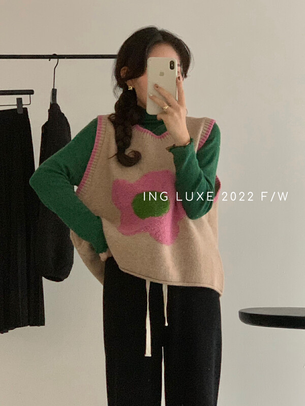 【ING】French girl sweetheart flower sweater vest w3818# FHX