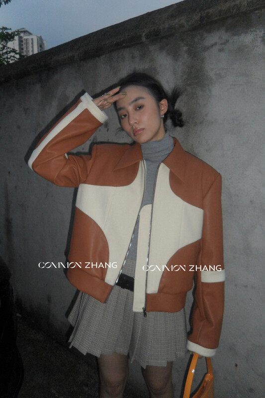 [CZ ZHANG] High street design sense color matching and thin motorcycle leather jacket 82409