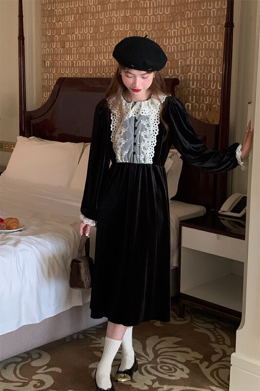[Timely rain] Korean style ins retro sweet design doll collar chic and thin velvet dress S589# WPL