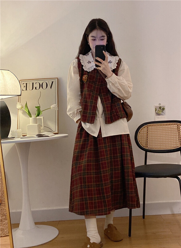 [Timely Rain] Retro Design Plaid Padded Vest Jacket + High Waist Thin Skirt Suit 71718# WPL