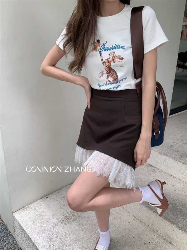 [CZ ZHANG] Design stitching irregular lace skirt 82193