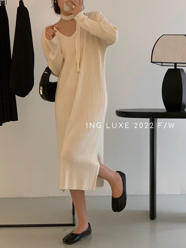 [ING] Korean version of the pit strip elastic loose and slim sweater dress w3767# FHX