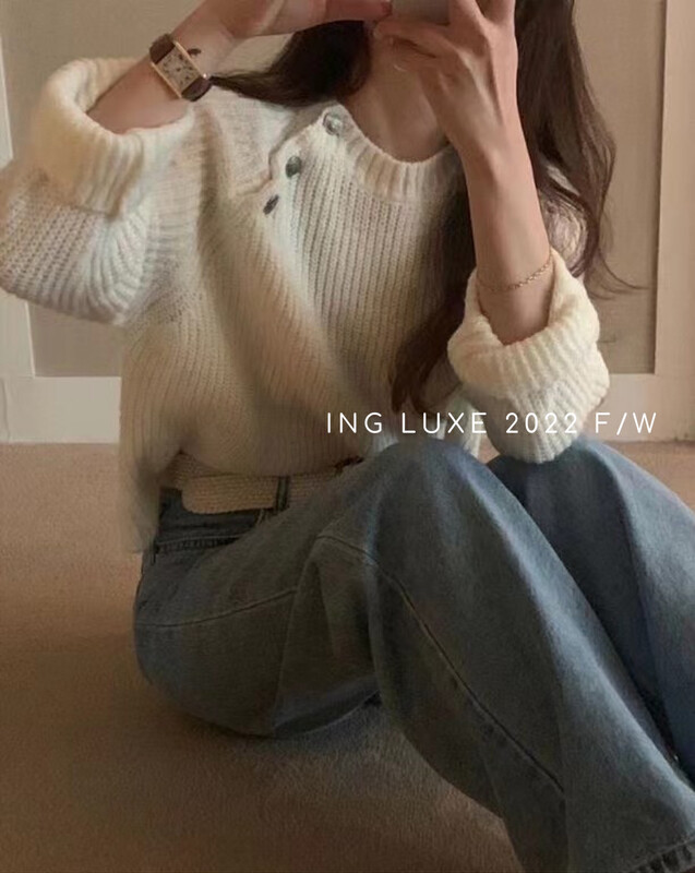 【ING】Korean style chic slanted shoulder three button knitted warm sweater w3816# FHX