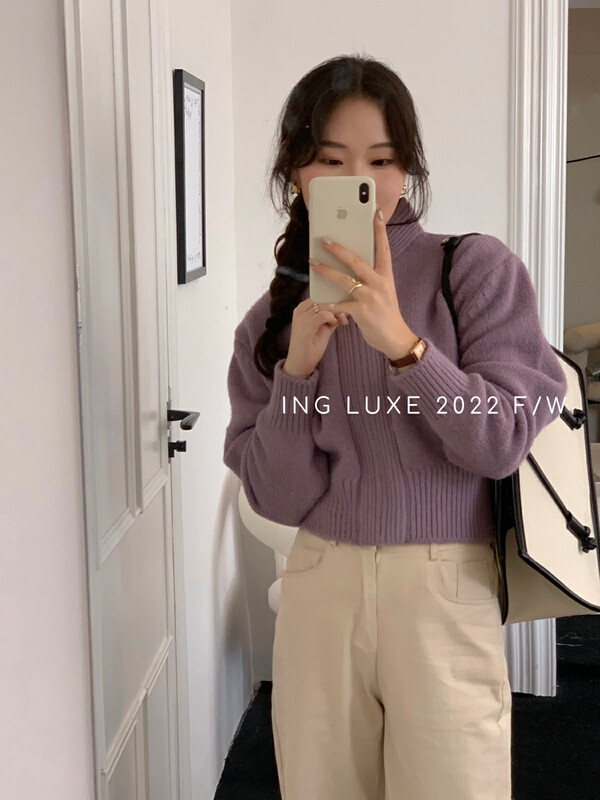 【ING】Lazy style stand-up collar zipper short knitted cardigan sweater w3750