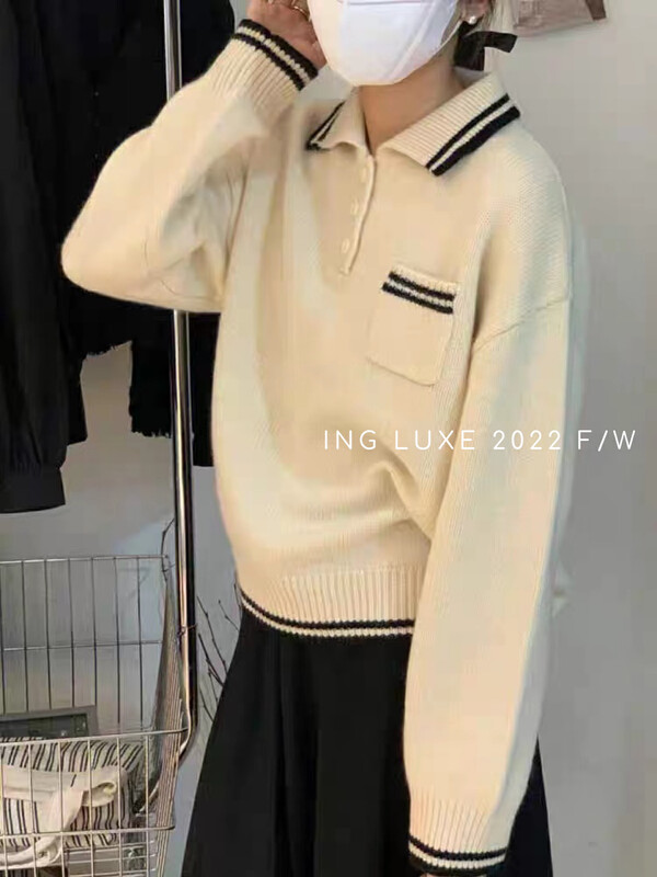 【ING】Korean style polo collar simple contrast color knitted sweater w3895