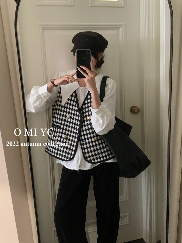 New in winter!【O MI】Xiaoxiangfeng V-neck plaid vest 88731# FHX