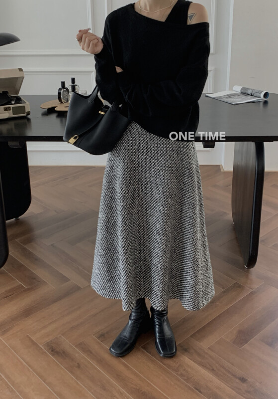 【ONE TIME】High waist all-match woolen A-line skirt HR9133# JHY
