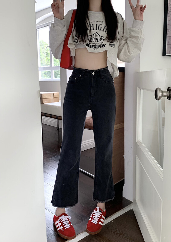 [Timely rain] Korean style ins retro design raw edge high waist slim trouser legs button open jeans 41029# WPL