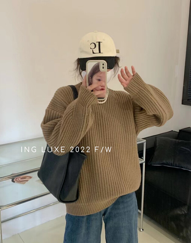 【ING】Lazy style thick needle wool sweater sweater w3909