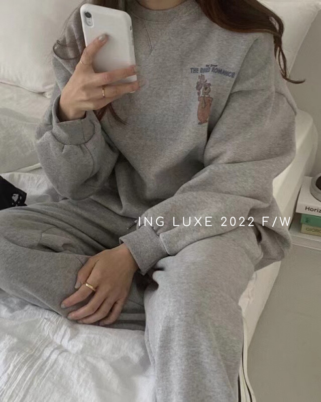 【ING】Korean style casual front and back cartoon printing fleece sweater 9507