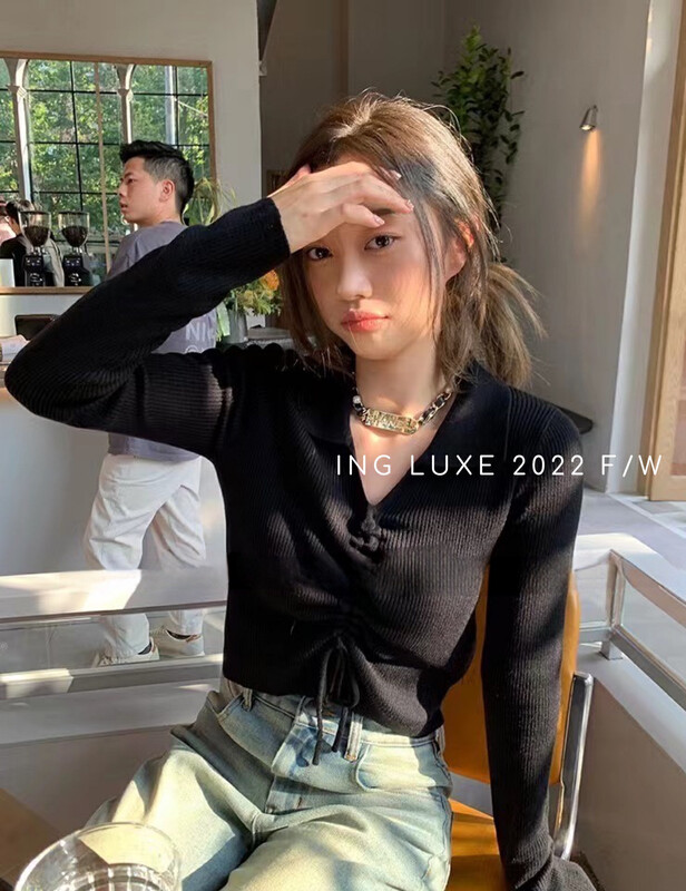 [ING] Design polo collar slim drawstring short sweater w3867# FHX