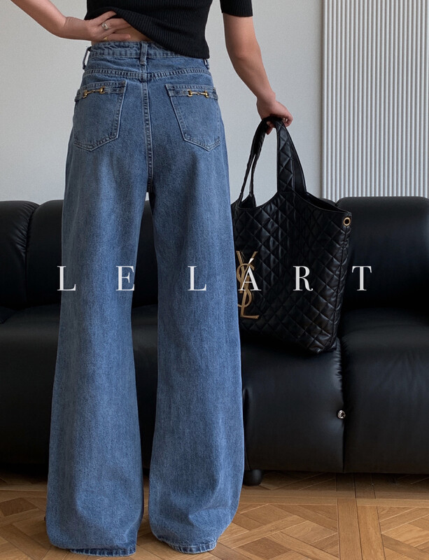 【LE LART】French saddle trim straight high waist mopping jeans jeans N026