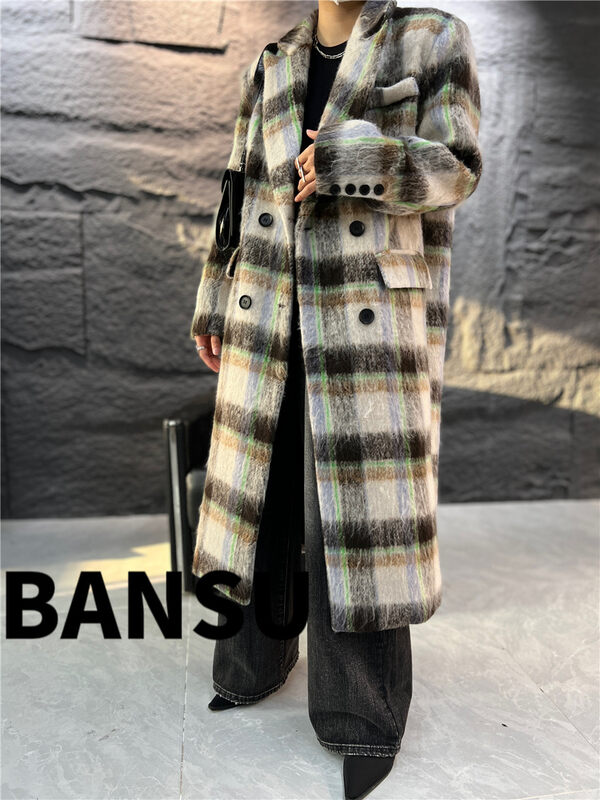 [Semi-plain] plaid long double-breasted coat A878# ZJY