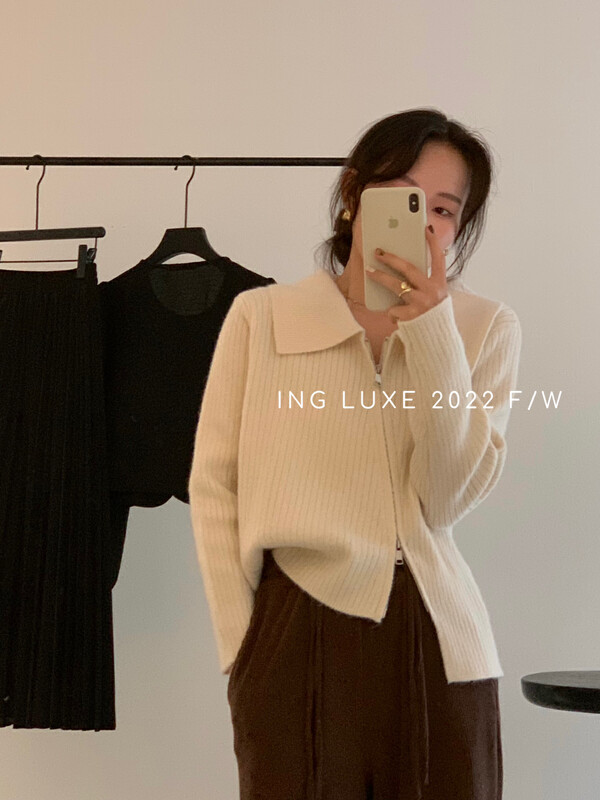【ING】Irregular niche zipper knitted lapel sweater w3770