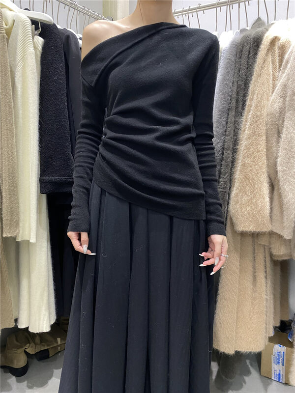 New in winter! [SEASONS] One-shoulder collar fashion Korean pleated comfortable sweater (including wool 30% / only sells sweater) 8895# WPL