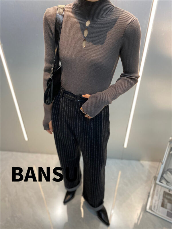 [Half plain] Half turtleneck hollow bottoming shirt L1119# ZJY