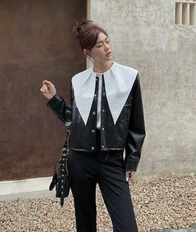 [BENYAN] lavame round neck short leather jacket short jacket 6568