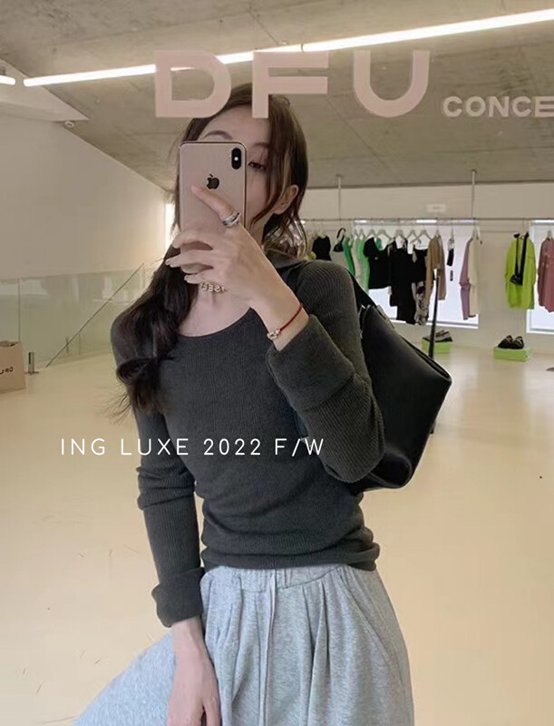 【ING】Temperament square neck knitted bottoming sweater w3916