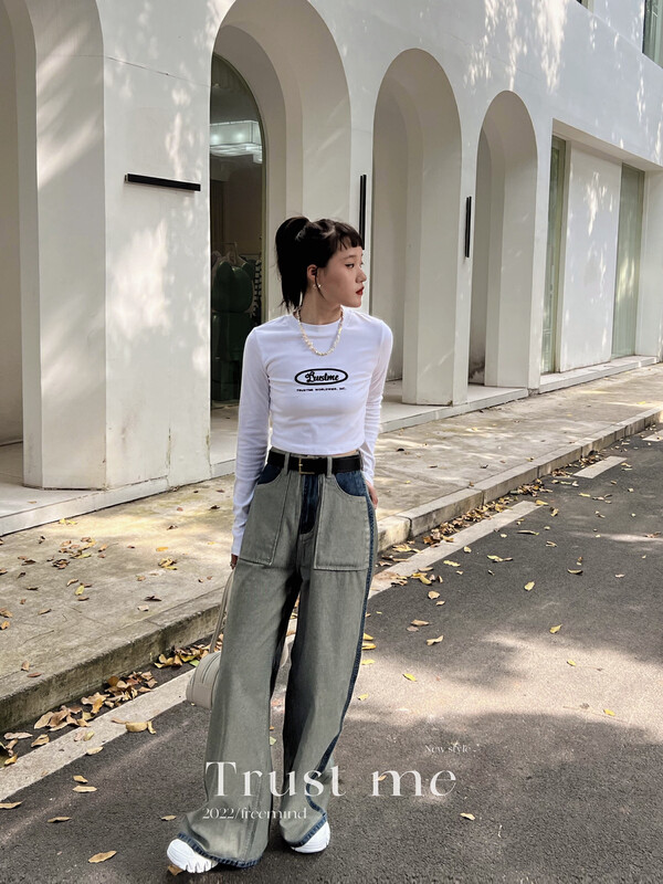 【TRUSTME】Fashionable and fashionable color-blocking and color-blocking wash jeans 40188