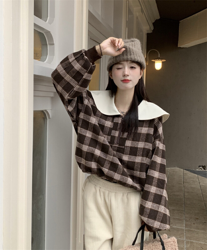 [Timely rain] Korean style ins retro design doll collar half zipper elastic hem sweater 29568# WPL