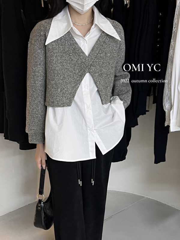 New in winter! [O MI] The design is niche and chic thickened sweater + solid color versatile shirt suit 88227# FHX
