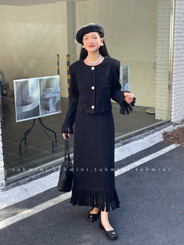 【TABMINI】Small Fragrant Tassel Short Jacket + Mid-Length Skirt Set (40% Wool Content) D11469-F# WPL