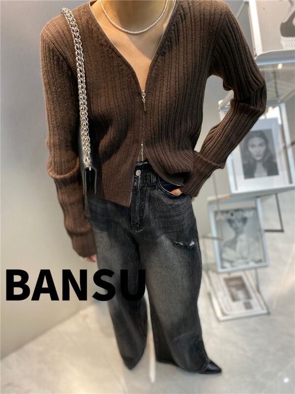 [Semi-plain] V-neck zipper sweater 8933# ZJY