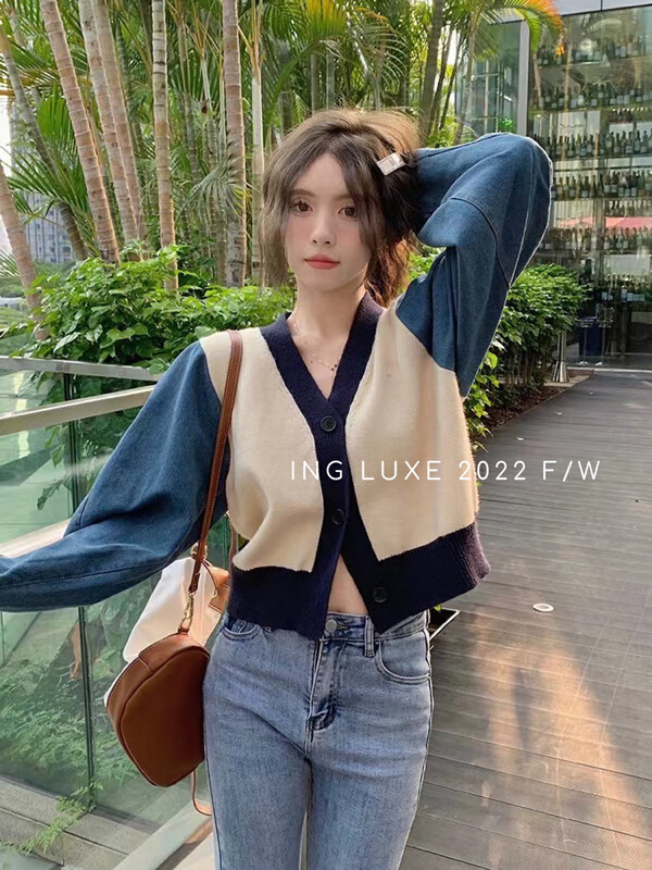 【ING】Korean style stitching long-sleeved sweater sweater w3882