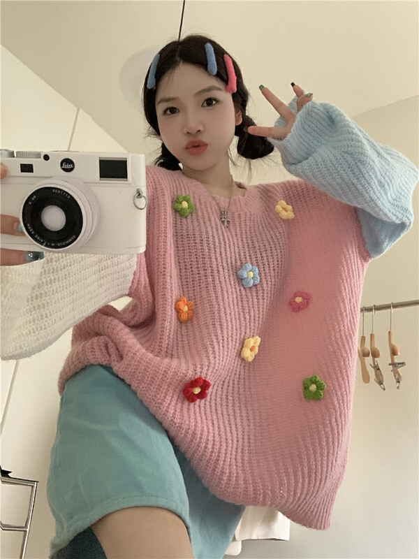 Autumn is new! [Timely rain] Korean style ins sweet design contrast color handmade three-dimensional flower warm sweater 70528# WPL