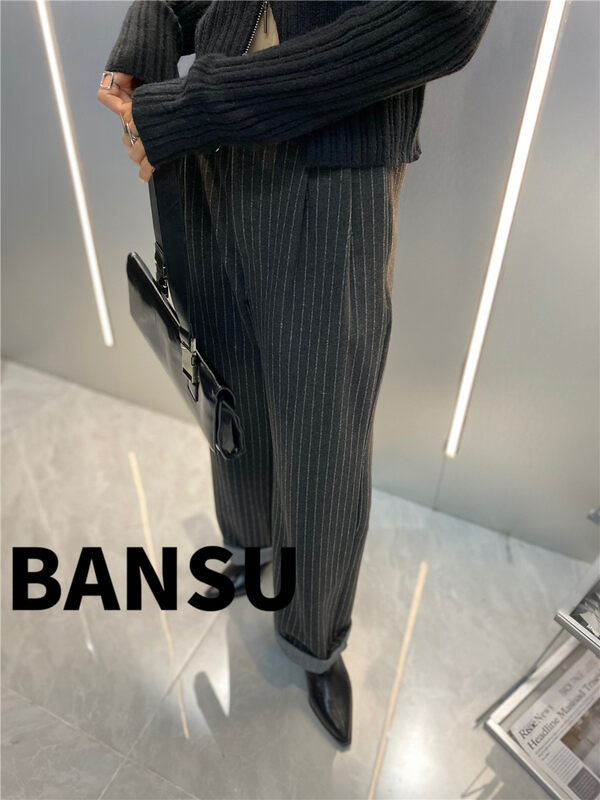 [Half-Plain] High Waist Vertical Striped Straight Casual Pants H038# ZJY