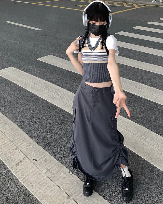[Timely rain] Korean style ins Hong Kong flavor high street design sense drawstring high waist pleated A-line tooling skirt AU94# WPL