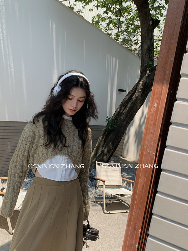 【CZ ZHANG】Simple Solid Color Irregular Back Split Short Pullover Sweater 92083