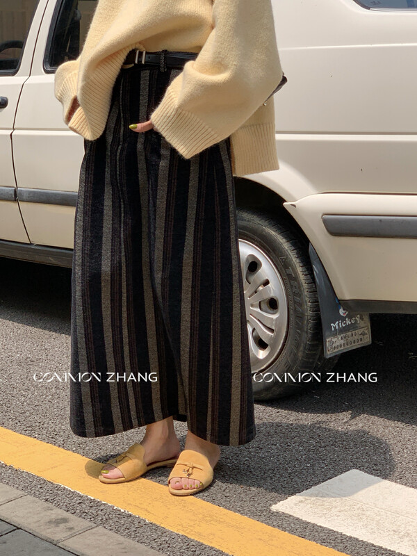 【CZ ZHANG】Commuter style high waist slit retro striped denim skirt 82326
