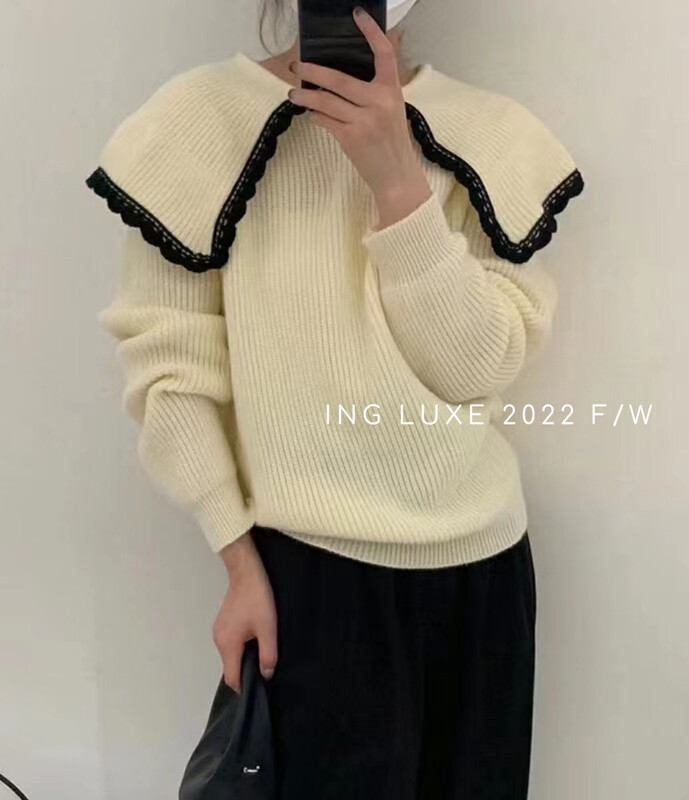 【ING】Sweet lotus leaf lace lace stitching pullover sweater sweater w3923