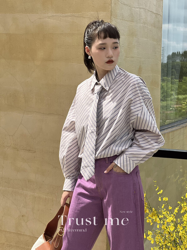 【TRUSTME】Japanese casual simple striped tie shirt (with tie) 40017# JHY